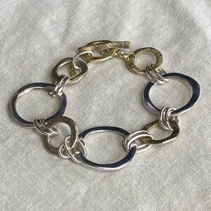 Etienne Aigner Silver & Light Gold Tone Hammered Chain Link Bracelet Toggle 8.5”